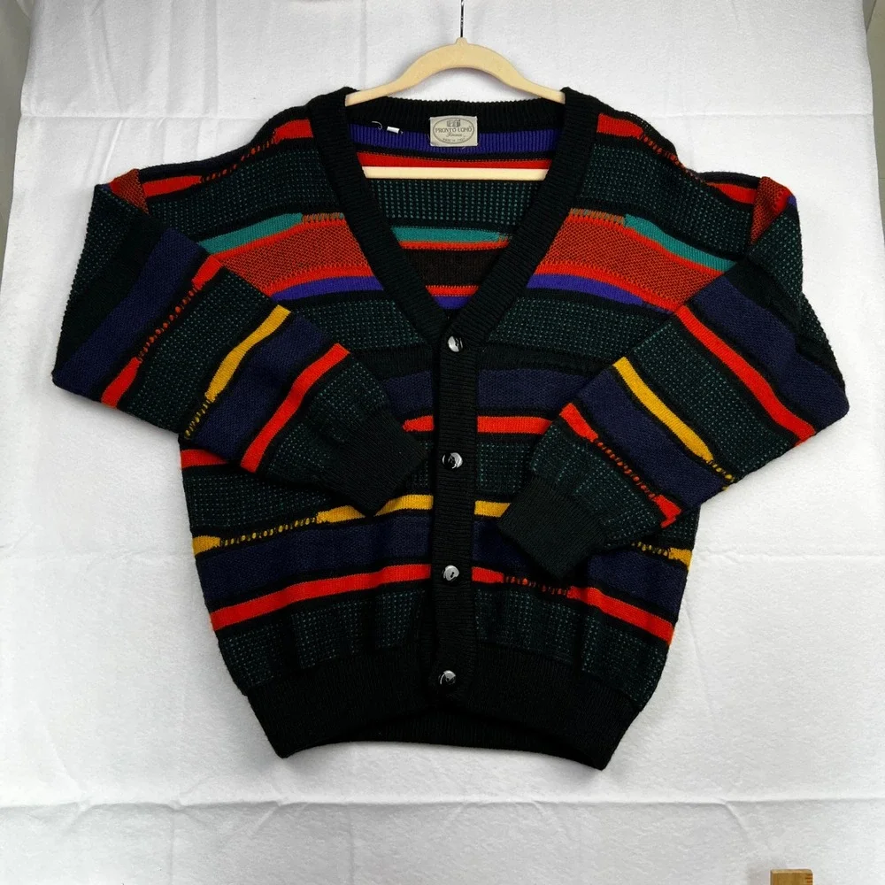 Vintage Pronto Uomo Italy Wool Blend Abstract Stripe Cardigan Sweater Mens M 50